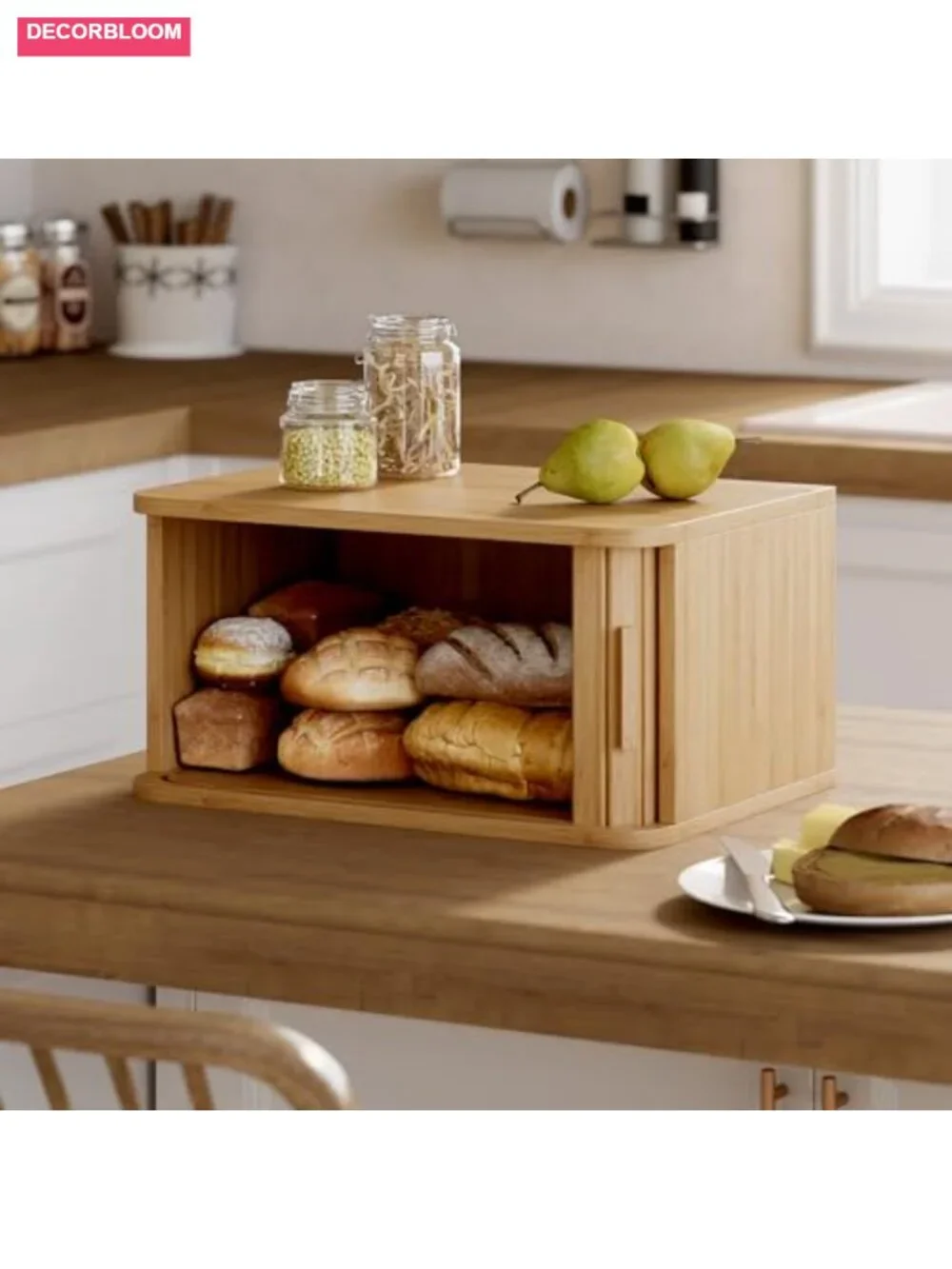 Roll Top Bamboo Bread Box Large Capacity Kitchen Counter Storage